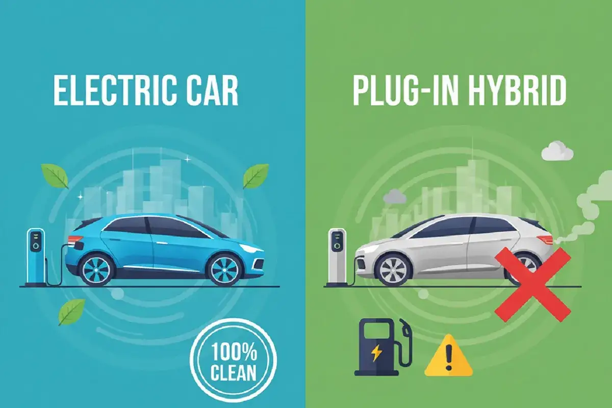 Confronto auto elettrica vs ibrida plug-in: un'auto blu carica,