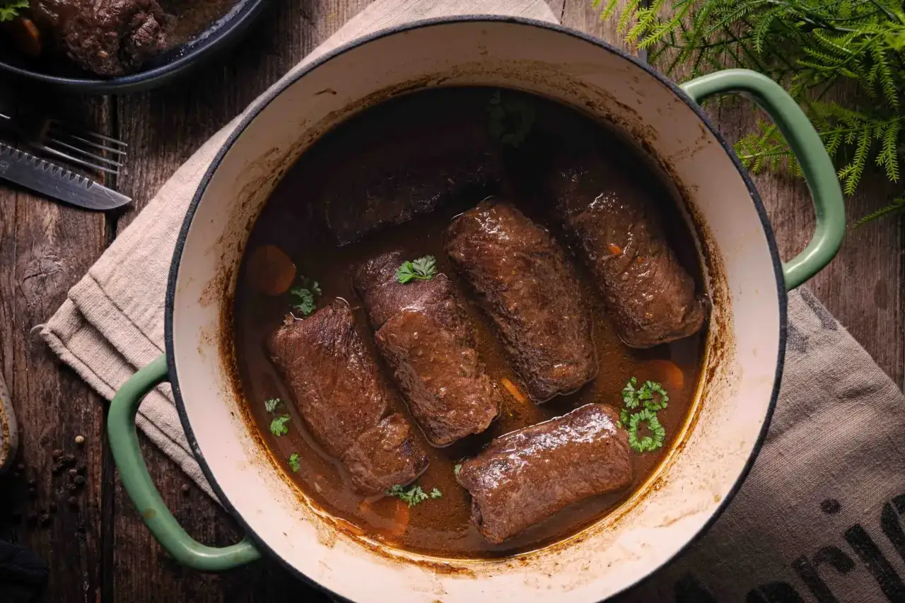 Herzhafte schweinerouladen nach omas rezept schmoren in dunkler Sauce, garniert mit Petersilie. Ein Klassiker, der Wärme und Genuss verspricht.