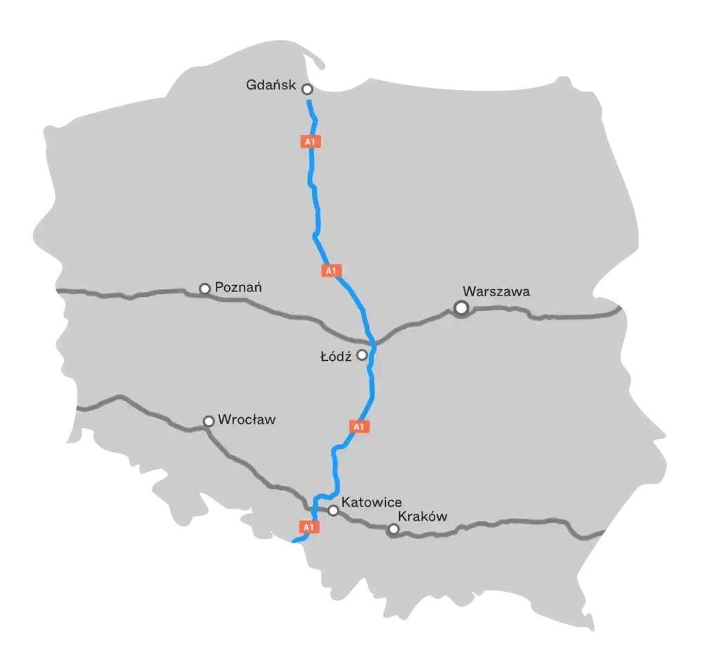 Mapa płatnego odcinka A1 Rusocin Nowa Wieś AmberOne