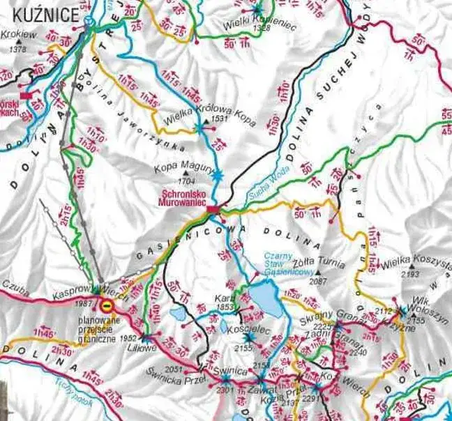 Mapa szlaku na Świnicę z zaznaczeniem ruchu jednokierunkowego