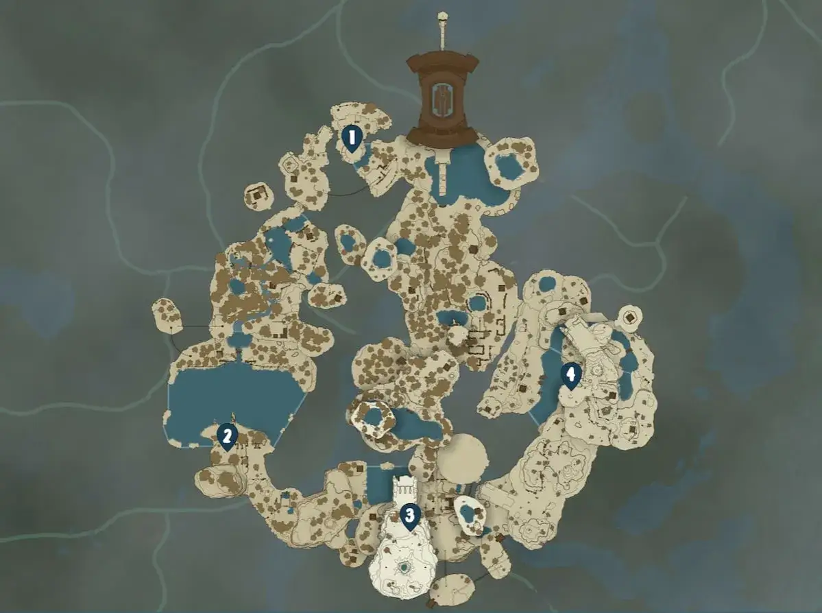Mapa de los santuarios de Zelda Tears of the Kingdom, con puntos marcados 1, 2, 3 y 4.