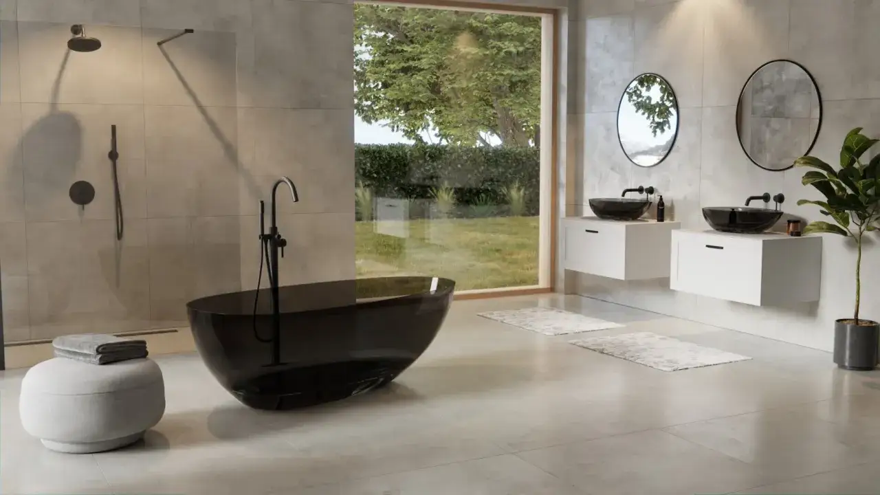 Salle de bain moderne avec baignoire &icirc;lot noire, lavabos suspendus et grande fen&ecirc;tre donnant sur un jardin. Les inconv&eacute;nients de la baignoire &icirc;lot incluent l'espace qu'elle occupe.