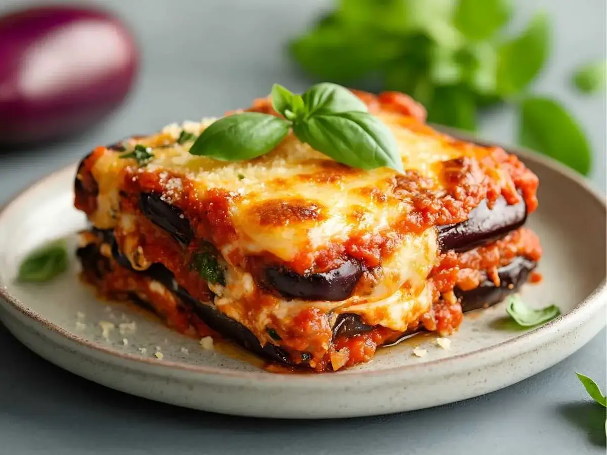 Porción de berenjenas a la parmesana, con capas de berenjena, salsa de tomate y queso fundido, decorada con albahaca fresca.