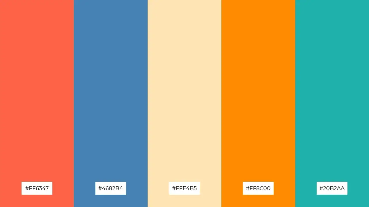 Cinque bande verticali di colore: corallo, blu, crema, arancione brillante e turchese. L'arancione è un colore complementare vibrante.