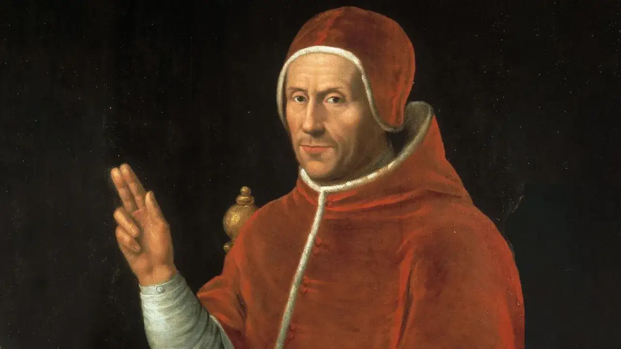 Portr&auml;t von Hadrian VI. in rotem Gewand, die Hand zum Segen erhoben.
