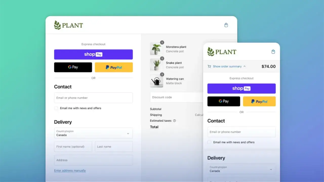 Proceso de checkout tienda online con opciones de pago r&aacute;pido como Shop Pay, G Pay y PayPal. Incluye detalles de contacto y env&iacute;o.