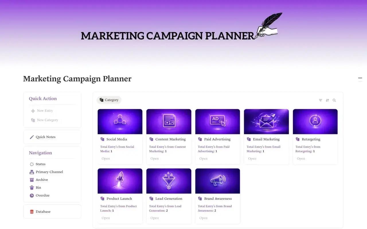 Planer kampanii marketingowych. Widzisz kategorie: Social Media, Content Marketing, Paid Advertising, Email Marketing, Retargeting, Product Launch, Lead Generation, Brand Awareness. brief co to? To narzędzie do organizacji.