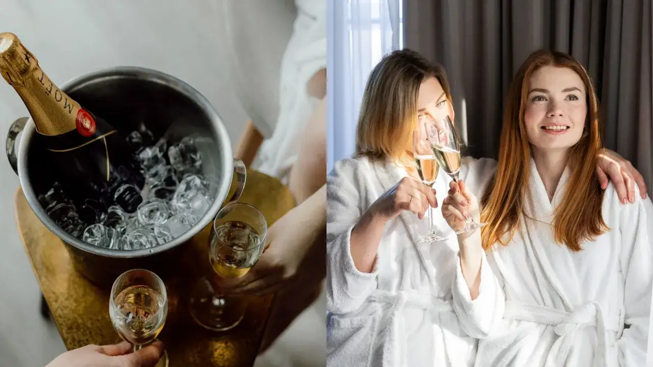 Szampan w wiaderku i dwie przyjaciółki w szlafrokach wznoszą toast. Idealny weekend spa dla przyjaciółek dolnośląskie.