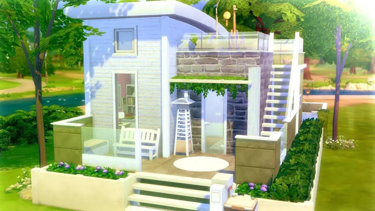 Casa moderna y luminosa, ideal para una familia de los Sims, con terraza, jardín y vistas al lago.