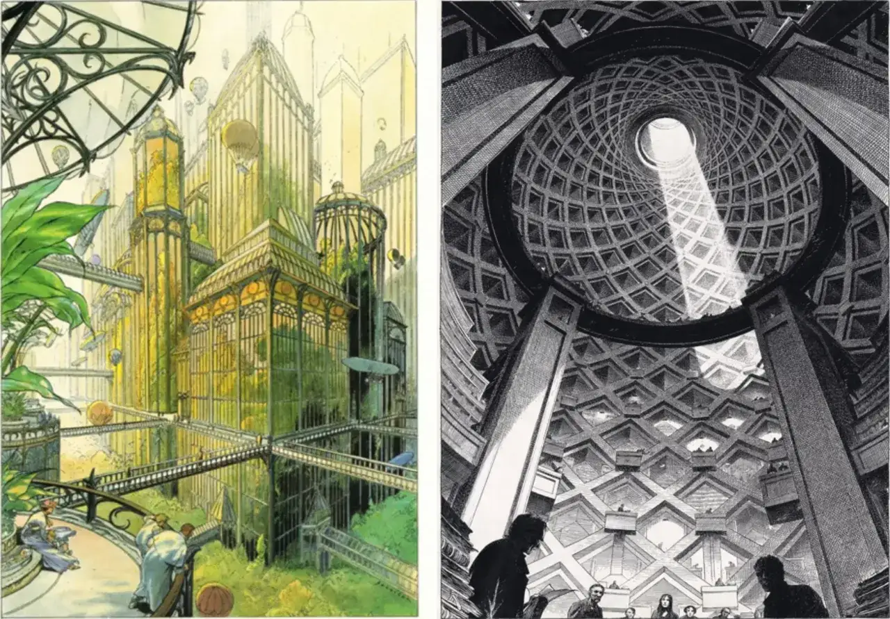 Futuristische Stadt mit schwebenden Gondeln und gr&uuml;ner Vegetation, die an eine utopische Definition erinnert. Daneben ein Blick in eine kuppelf&ouml;rmige Struktur.