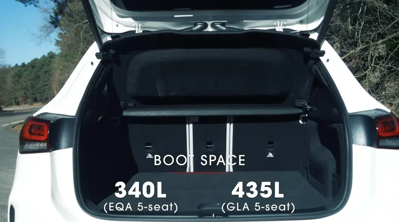 Biały Mercedes EQA z otwartym bagażnikiem. Pokazano przestrzeń bagażową 340L dla wersji 5-osobowej.
