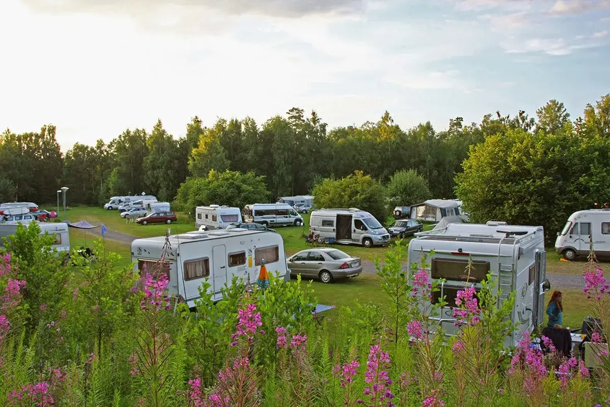 V&auml;lkommen till Kronobergs camping! Husvagnar och husbilar st&aring;r uppst&auml;llda bland gr&ouml;nskan och blommorna.