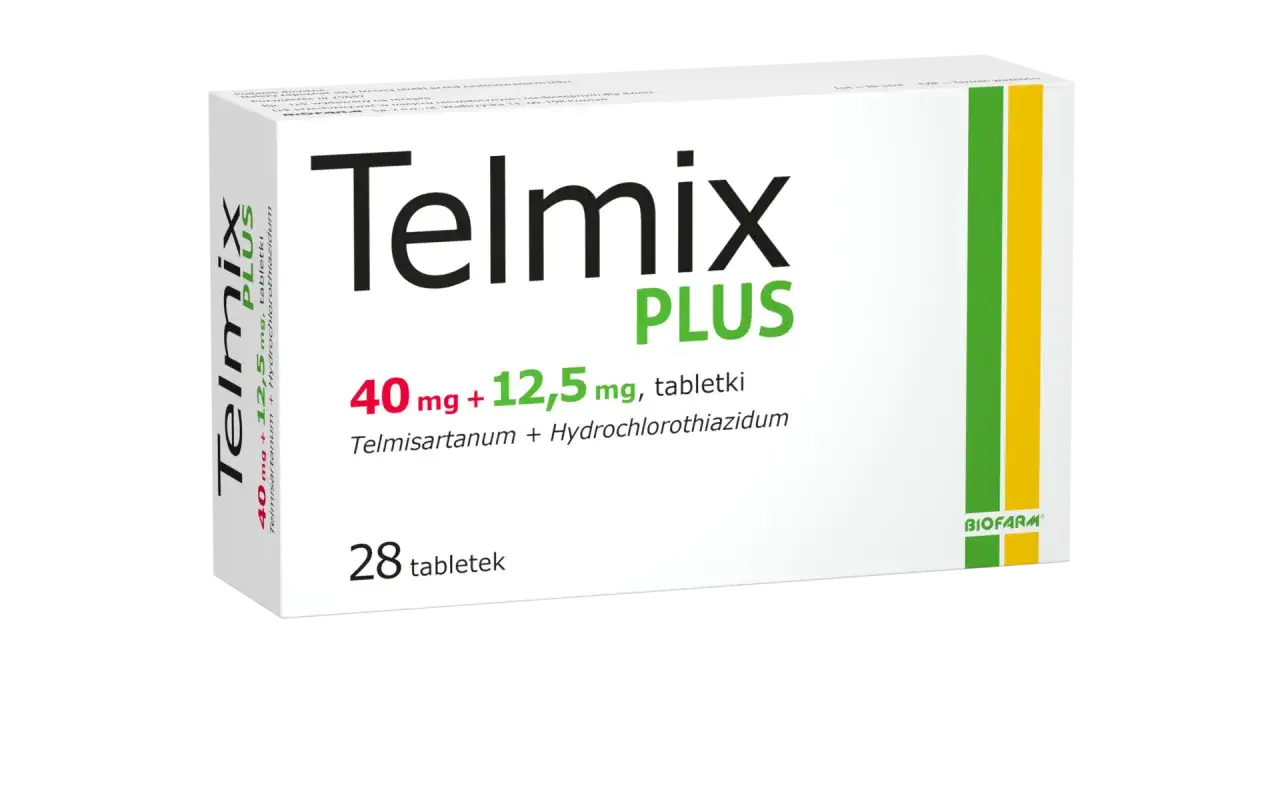 Opakowanie leku Telmix Plus 40 mg + 12,5 mg, zawierające 28 tabletek. Szukasz zamienników? Sprawdź Telmix.