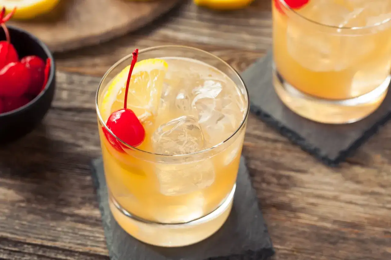 Klasyczny whisky sour przepis: orzeźwiający koktajl z lodem, cytryną i wisienką koktajlową.