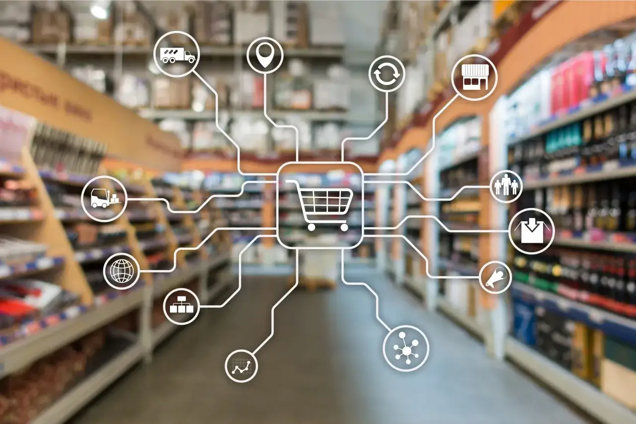 Iconos de log&iacute;stica y servicio al cliente conectados a un carrito de compras en un supermercado.