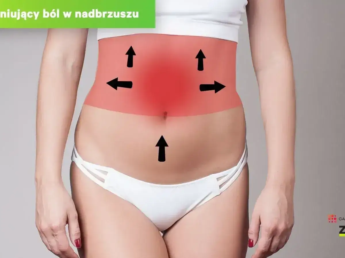 Rysunek pokazuje obszar bólu w nadbrzuszu, wskazujący gdzie boli trzustka. Strzałki pokazują kierunek promieniowania bólu.