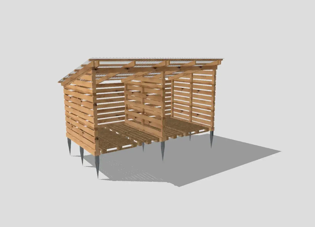 Enkel vedbod byggd av lastpallar, med tak av korrugerad plåt och pallgolv. Perfekt för att bygga vedskjul av lastpallar.