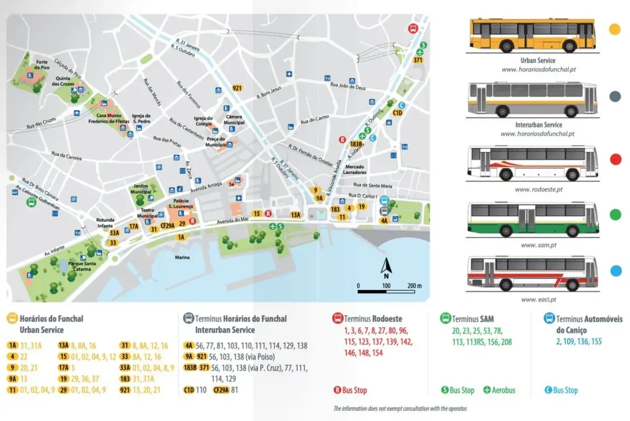 Mapa Funchal z trasami **madera transport publiczny**: linie autobusowe, przystanki, dworce, schematy autobusów.