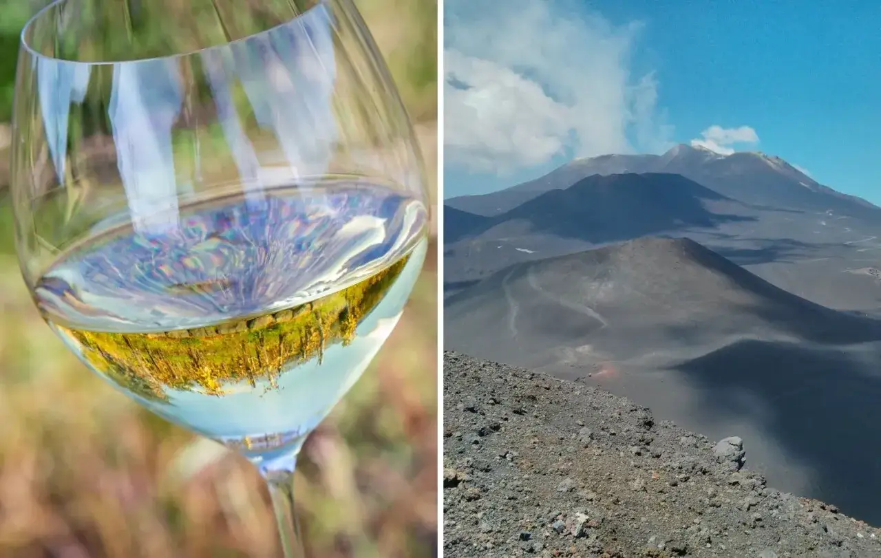 Un bicchiere di vino bianco riflette un paesaggio dorato, mentre sullo sfondo si staglia la maestosa **Cottanera**, un vulcano attivo.