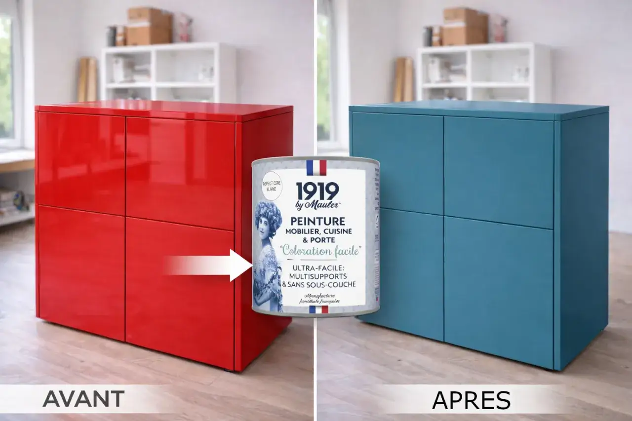Avant/Après : une commode rouge transformée en bleu grâce à la peinture 1919 by Mauler. La différence entre laque et peinture est ici évidente.