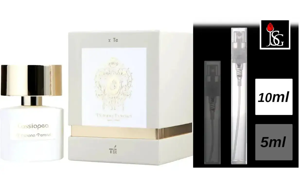 Elegancka butelka i pudełko perfum Cassiopea Tiziana Terenzi, obok próbek 10ml i 5ml.
