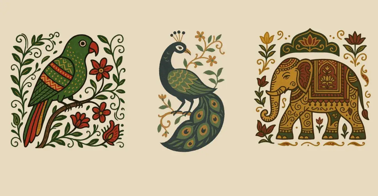 Un perroquet vert, un paon et un &eacute;l&eacute;phant d&eacute;cor&eacute;, dans un style motif tissu indien.