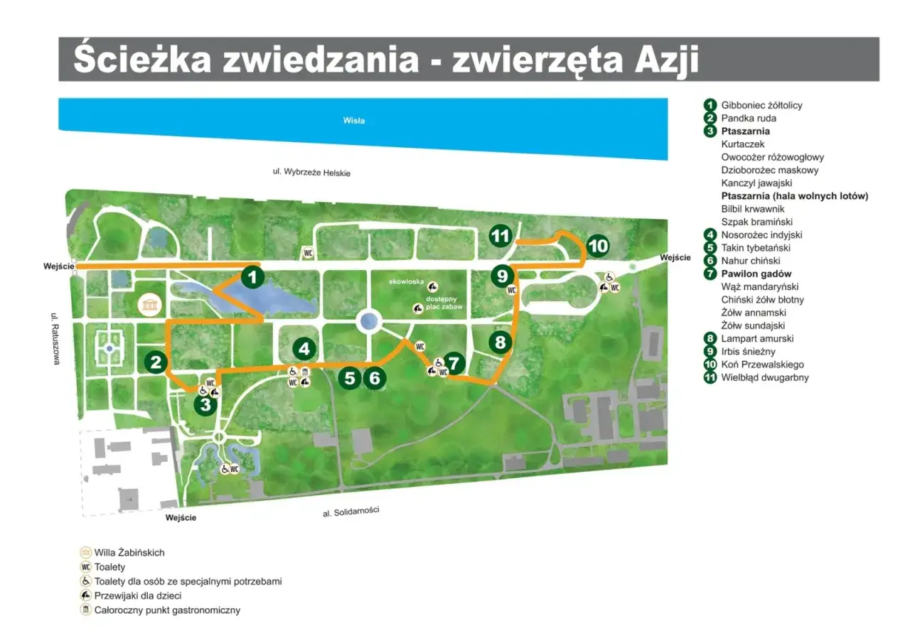 Mapa ścieżki zwiedzania zwierząt Azji w zoo Warszawa. Zaplanuj sw&oacute;j czas zwiedzania, zobacz gibonki, pandki i lamparty.