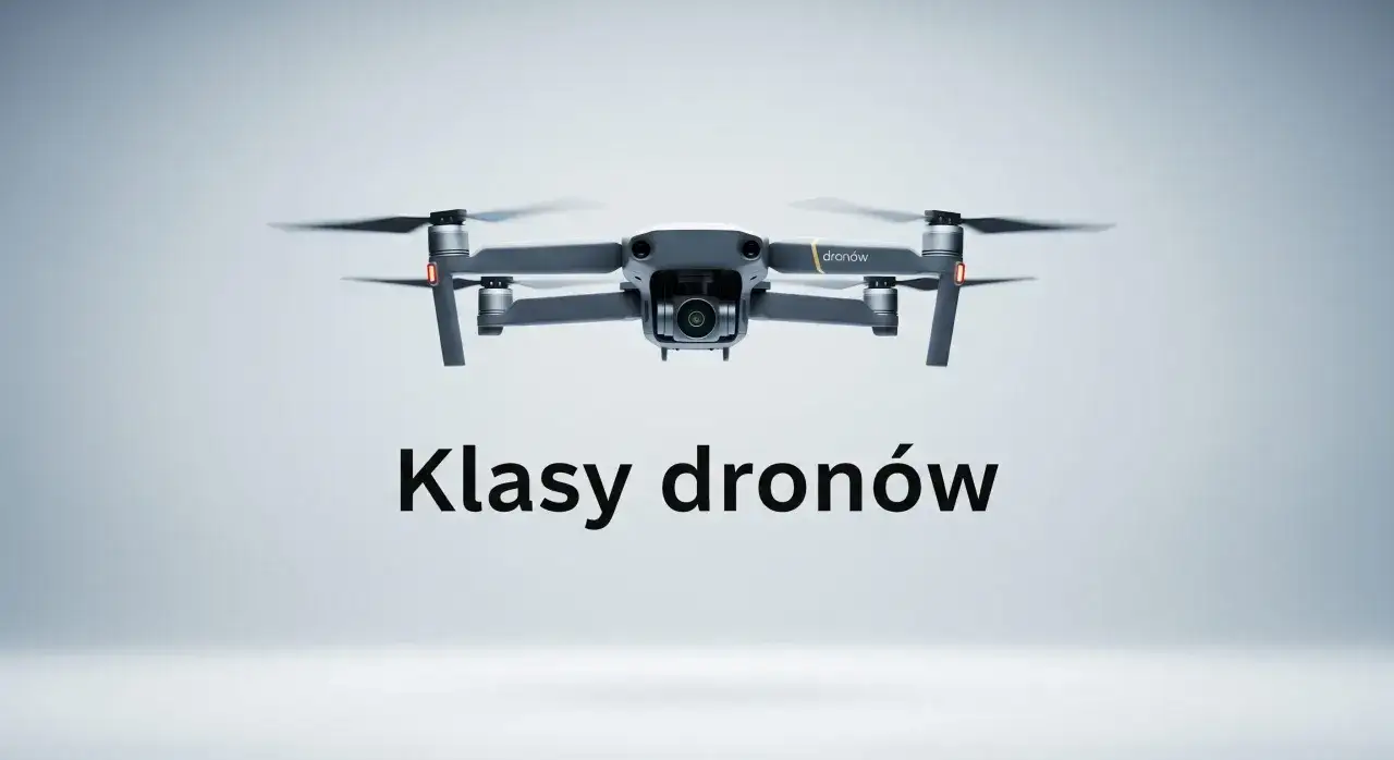 Szary dron z kamerą, gotowy do lotu. Tekst 