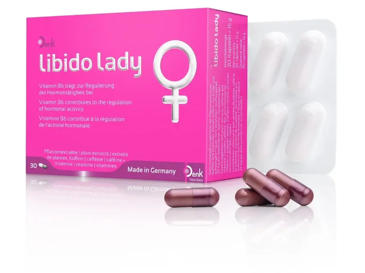 Różowe opakowanie Libido Lady z kapsułkami, wspierające regulację hormonalną.