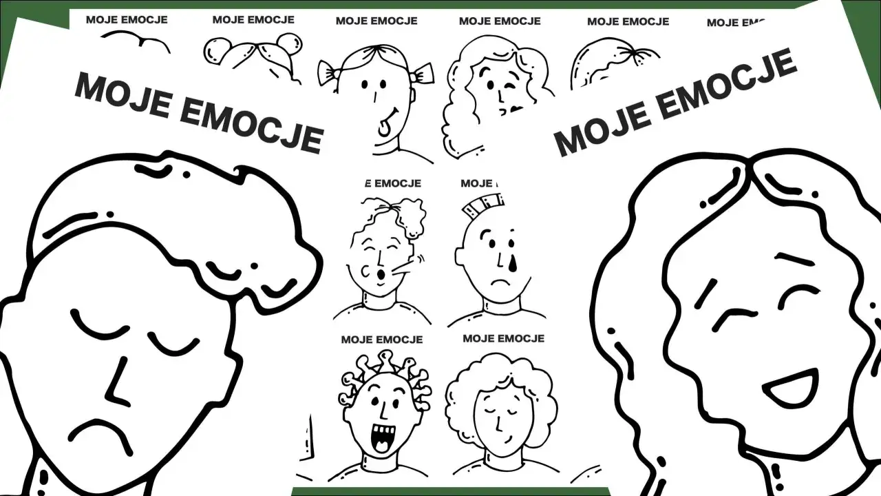 Zestaw rysunk&oacute;w twarzy wyrażających r&oacute;żne emocje, idealny do arteterapii. Pomysły na wyrażanie siebie.