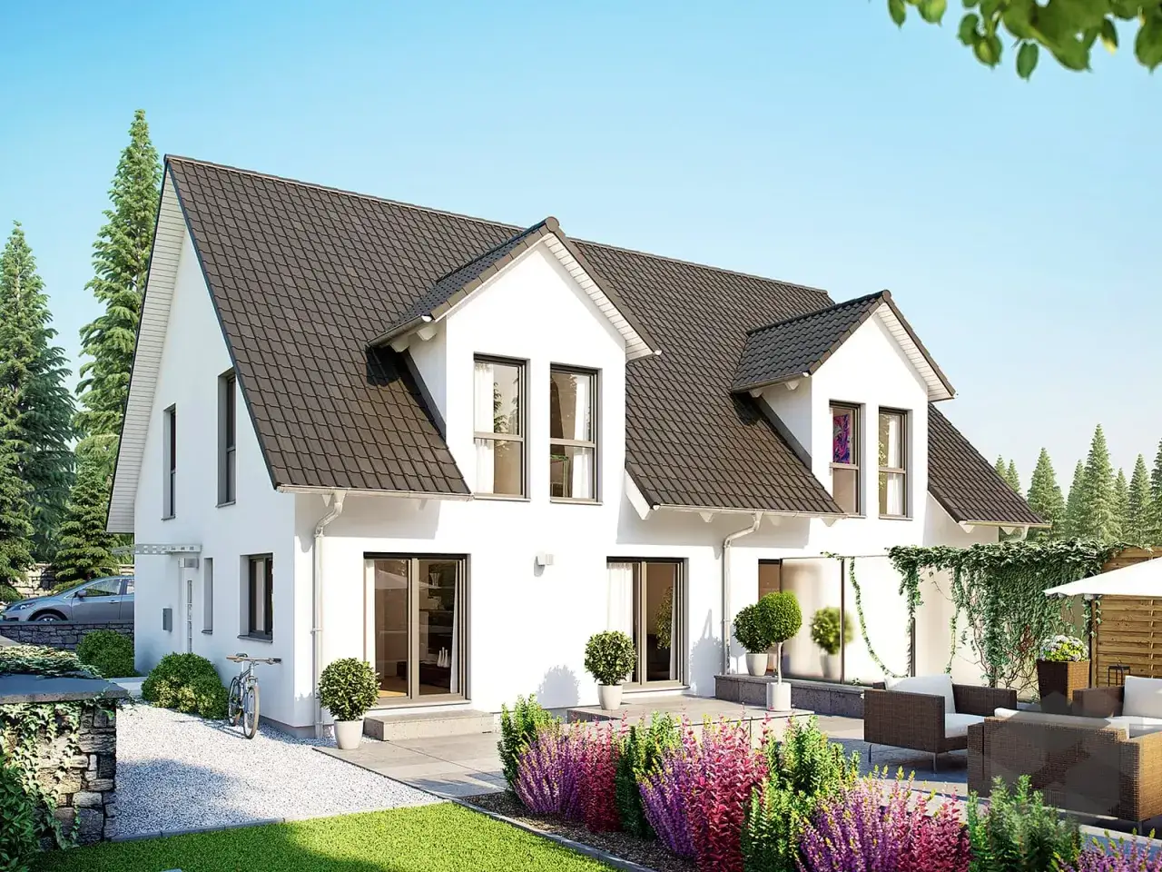 Modernes Doppelhaus mit Garten und Terrasse. Informieren Sie sich über die doppelhaus kosten für Ihr Traumhaus.
