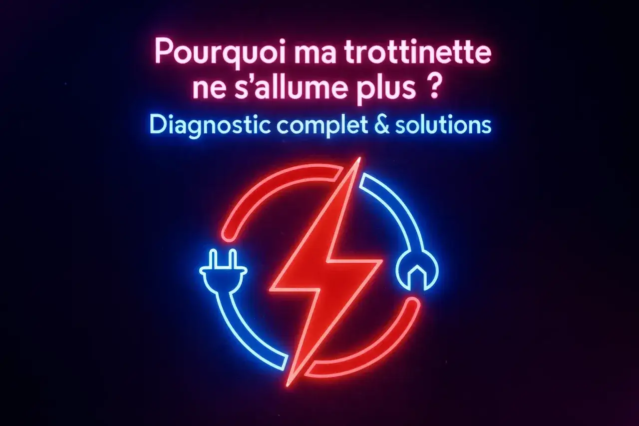 Pourquoi ma trottinette ne s'allume plus ? Diagnostic complet & solutions. Ic&ocirc;ne n&eacute;on : prise &eacute;lectrique, &eacute;clair rouge, cl&eacute; &agrave; molette.