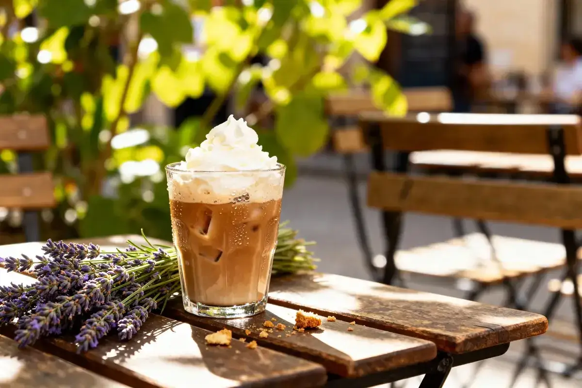 Un d&eacute;licieux caf&eacute; li&eacute;geois, couronn&eacute; de cr&egrave;me fouett&eacute;e, repose sur une table en bois ensoleill&eacute;e, &agrave; c&ocirc;t&eacute; d'une botte de lavande.