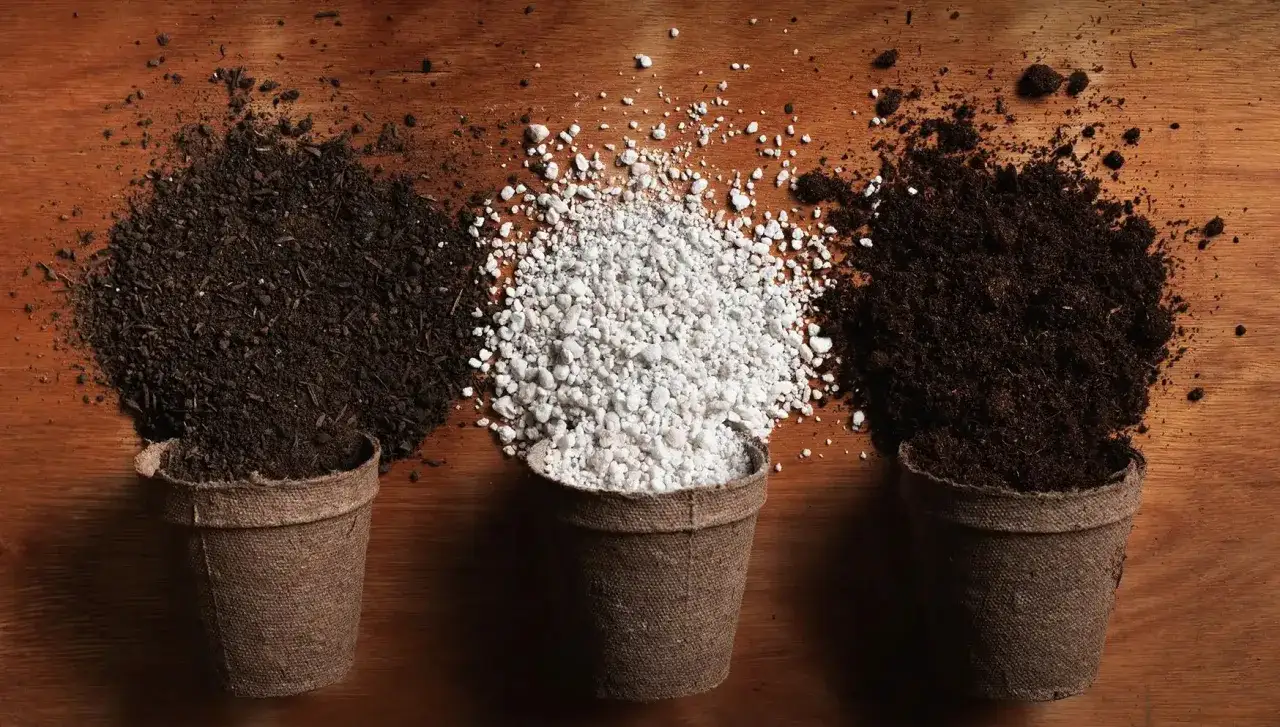Trois pots remplis de terreau et de perlite pour plante, prêts pour le rempotage.