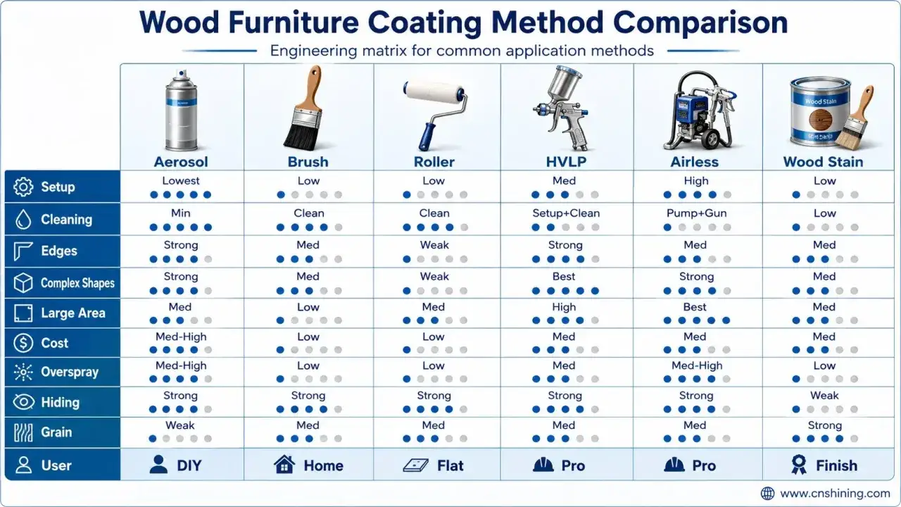 Confronto metodi verniciatura mobili: quale impregnante meglio a spruzzo o pennello? La tabella valuta setup, pulizia, bordi, forme complesse, aree, costi, overspray, copertura e grana.