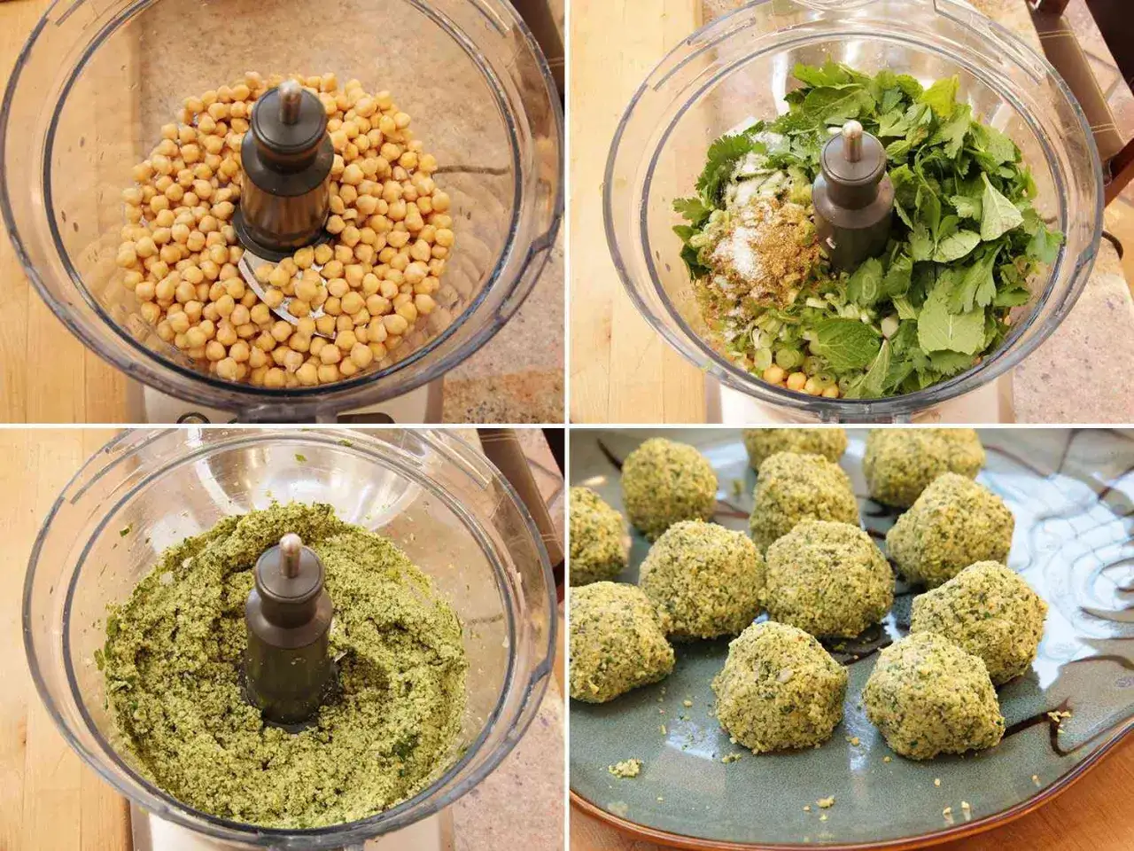 Pr&eacute;paration de la falafel recette : pois chiches, herbes et &eacute;pices dans un robot culinaire, puis la p&acirc;te mix&eacute;e et enfin les boulettes form&eacute;es sur une assiette.