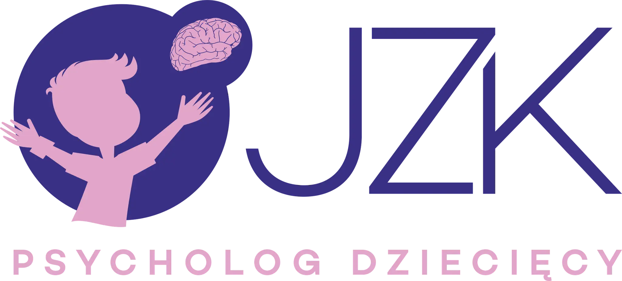 Logo z sylwetką dziecka, mózgiem i literami JZK.