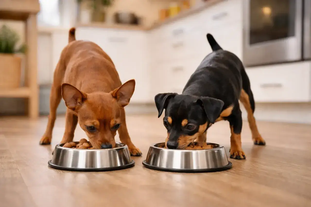 Deux pinschers nains mangent dans leurs gamelles. La quantité de nourriture semble adaptée à leur petite taille.