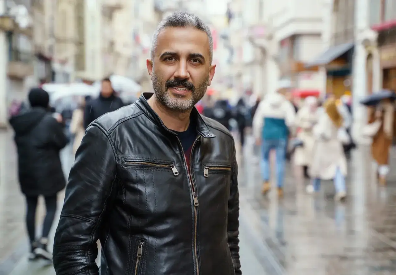 Uomo con barba grigia sorride, indossa un outfit giacca pelle uomo con zip. Sfondo sfocato di una strada affollata e bagnata.