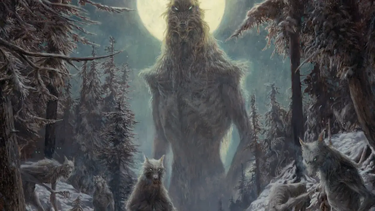 Un licantropo gigante domina una foresta innevata sotto la luna piena, circondato da lupi pi&ugrave; piccoli. Un'immagine suggestiva per chi vuole sapere come diventare un licantropo.