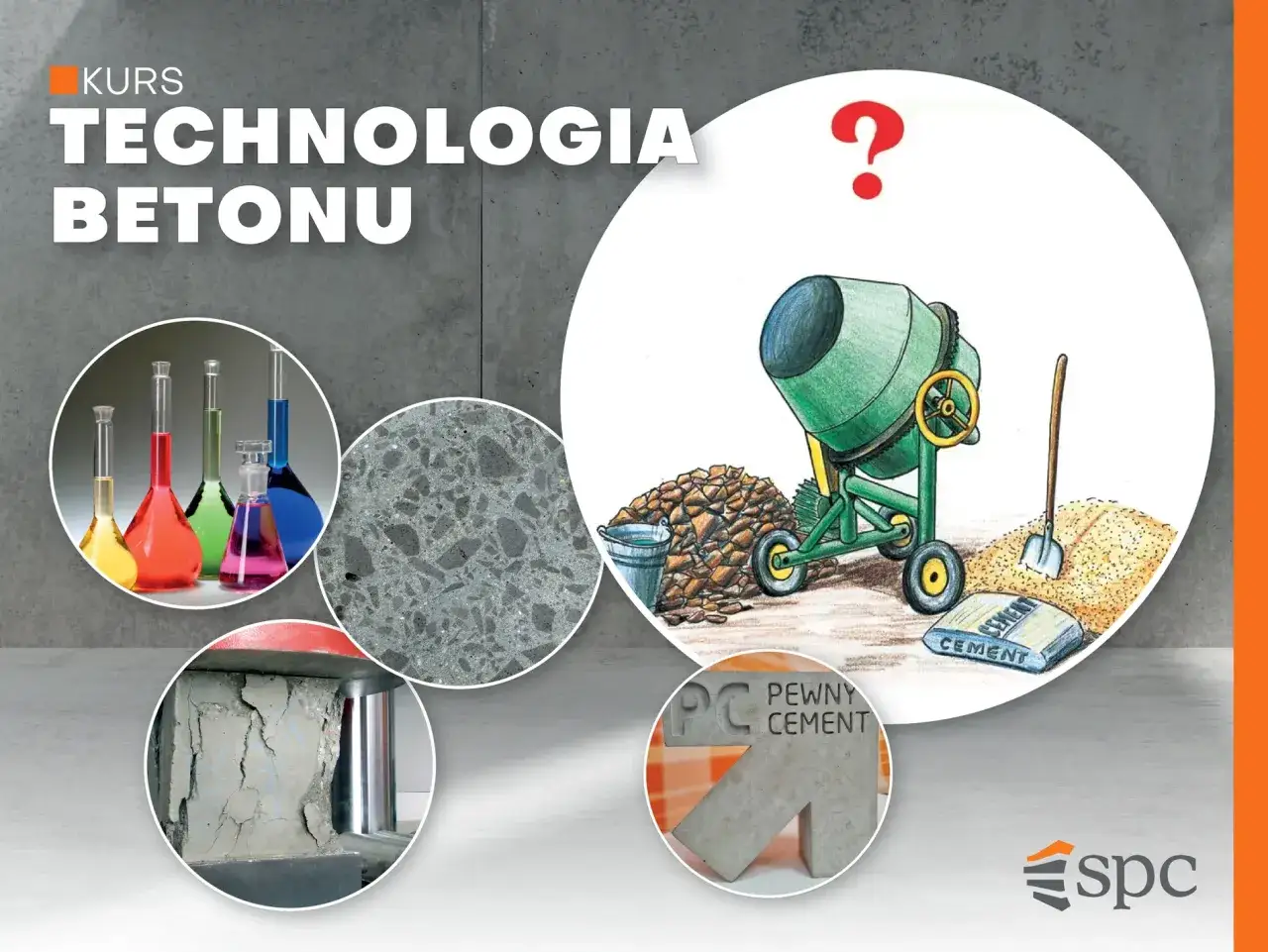 Półprodukt do produkcji cementu portlandzkiego: próbki betonu, płyny w kolbach, mieszanka do betonu i worek cementu.