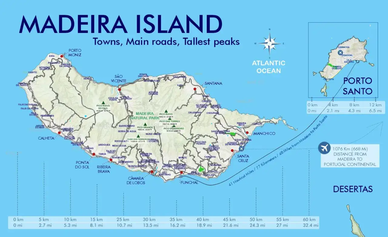 Mapa Madery z zaznaczonymi miastami, drogami i szczytami. Widać, że Madera leży na Oceanie Atlantyckim, na zachód od Portugalii.