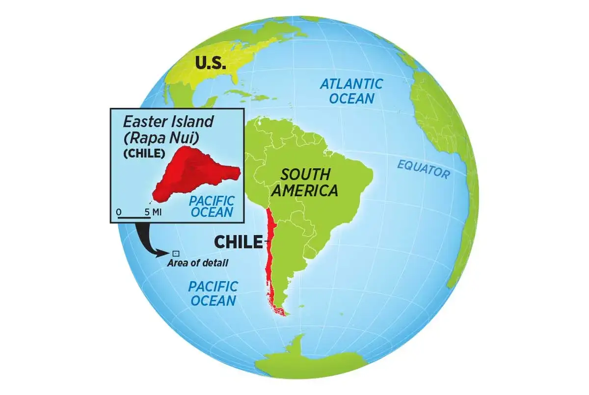 Mapa świata pokazująca, gdzie są Wyspy Wielkanocne (Rapa Nui), należące do Chile, na Pacyfiku.