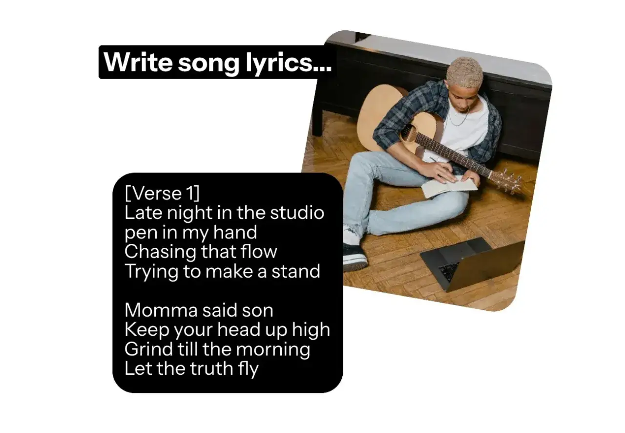 Un jeune homme compose des paroles de chanson à la guitare, inspiré par les conseils de sa mère.