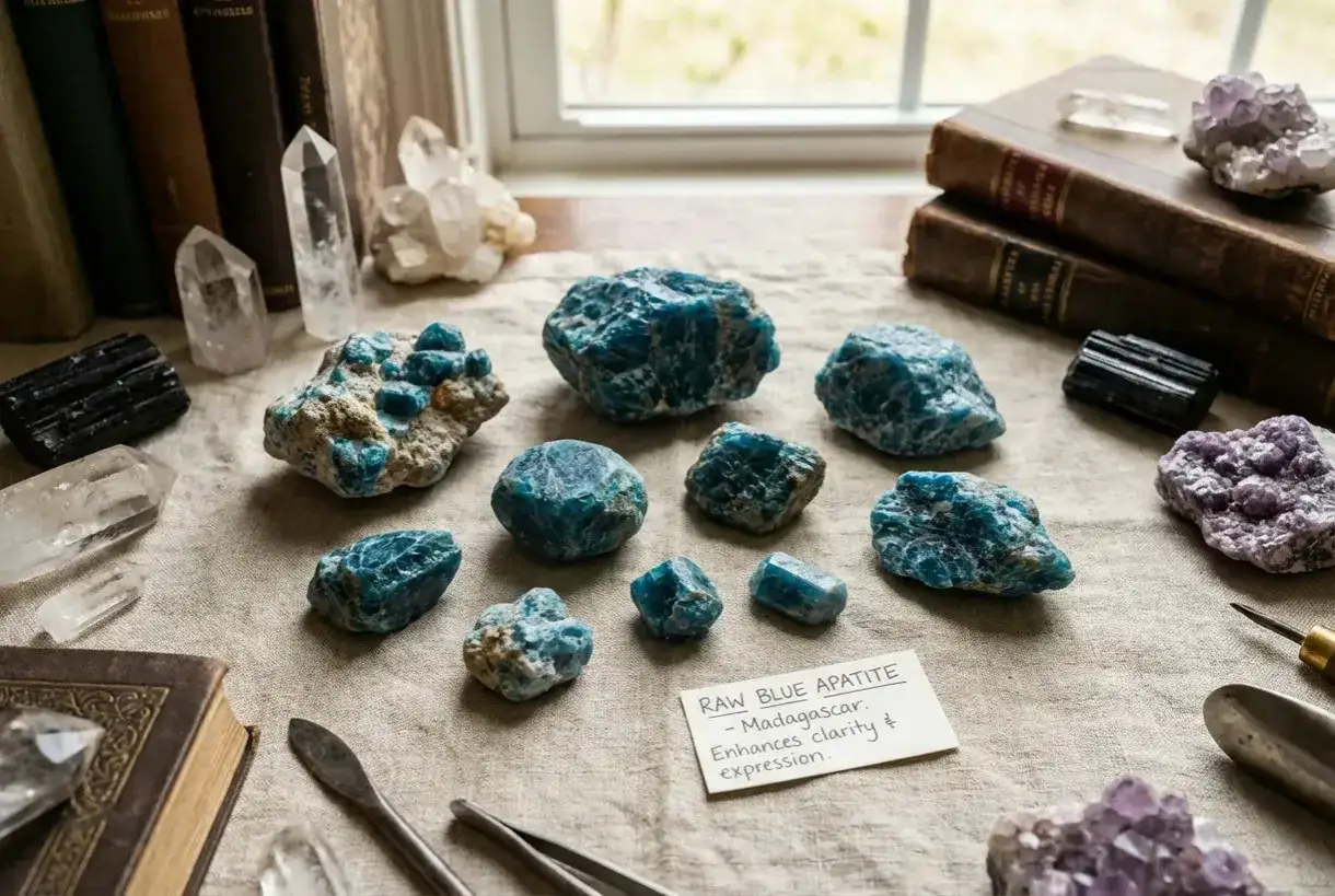 Rohe, blaue Apatit-Edelsteine aus Madagaskar, die Klarheit und Ausdruck fördern. Daneben liegen Kristalle, Bücher und Werkzeuge.