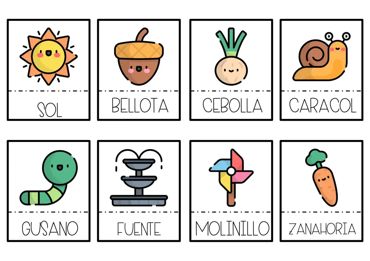 Tarjetas vocabulario infantil para imprimir: sol, bellota, cebolla, caracol, gusano, fuente, molinillo, zanahoria.
