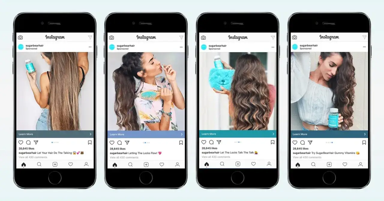 Cztery reklamy na Instagramie pokazują kobiety z pięknymi włosami, prezentujące suplementy SugarBearHair. Dowiedz się, jak promować post na Instagramie, inspirując się tymi przykładami.