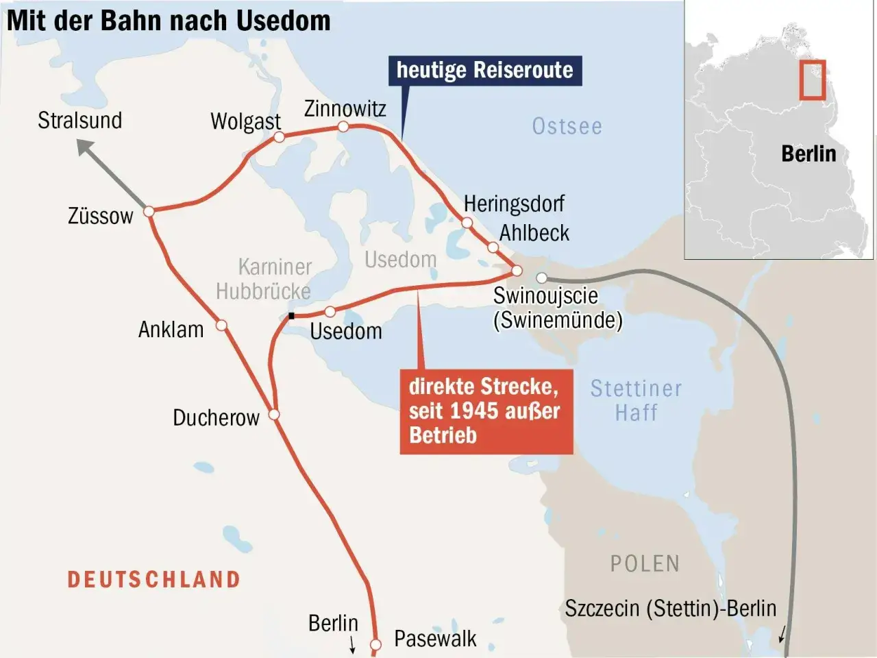 Karte zeigt die heutige Zugroute von Berlin zur Ostseeinsel Usedom &uuml;ber Zinnowitz und Swinem&uuml;nde. Eine direkte Strecke ist seit 1945 au&szlig;er Betrieb.