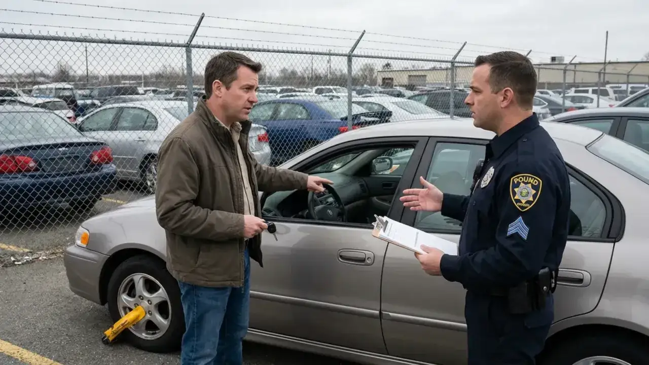 Un homme discute avec un policier devant une voiture avec une pince jaune sur la roue. Le policier tient un document, peut-être lié à la mise en fourrière 7 jours prix.