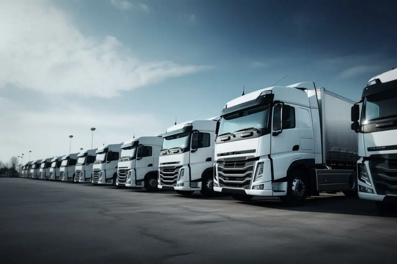 Una flota de camiones blancos alineados bajo un cielo azul. La imagen evoca eficiencia y tecnolog&iacute;a, como en una **Michelin Connected Fleet**.